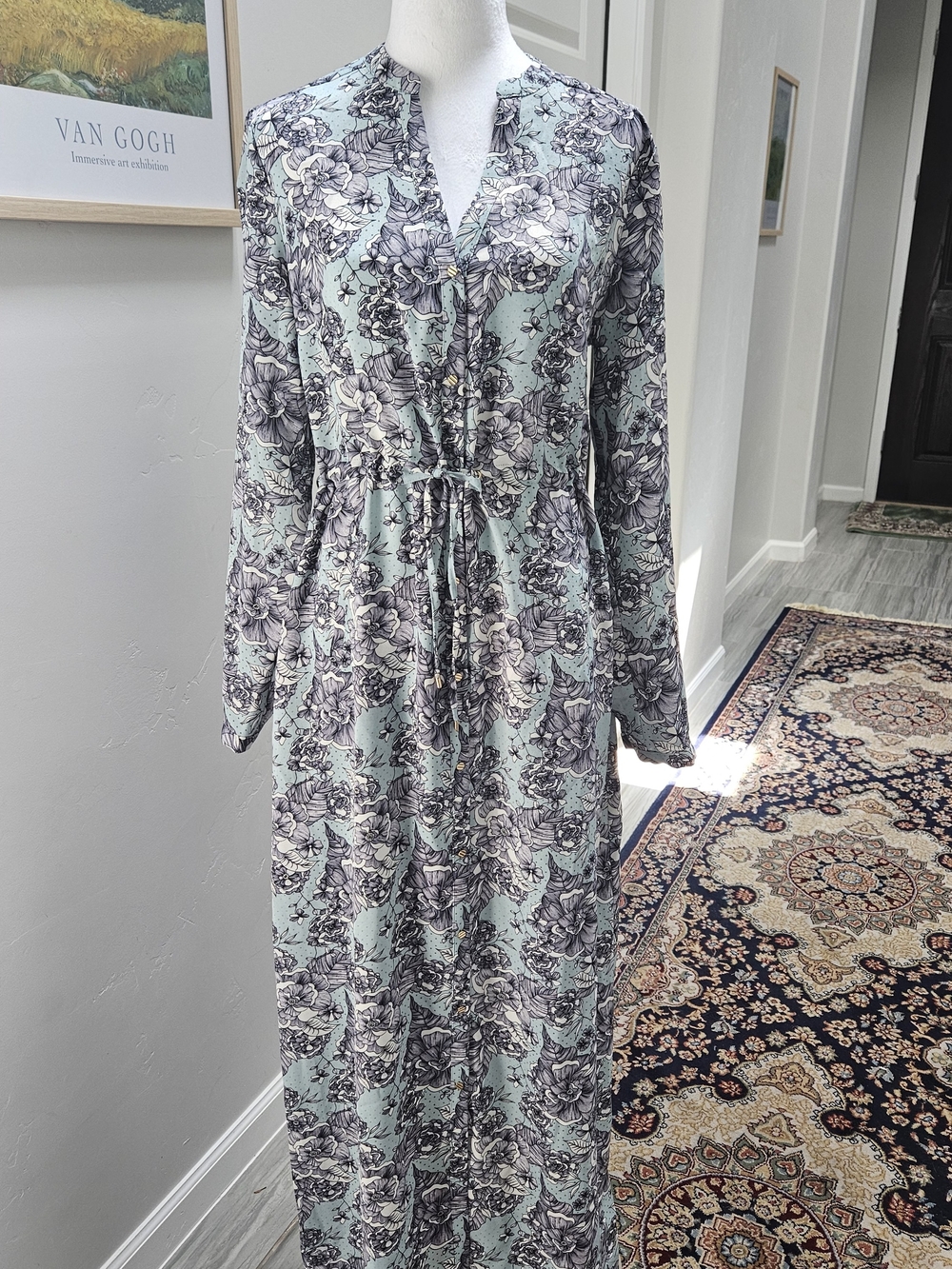Mint Floral Long Sleeve Maxi Dress with Tie Waist